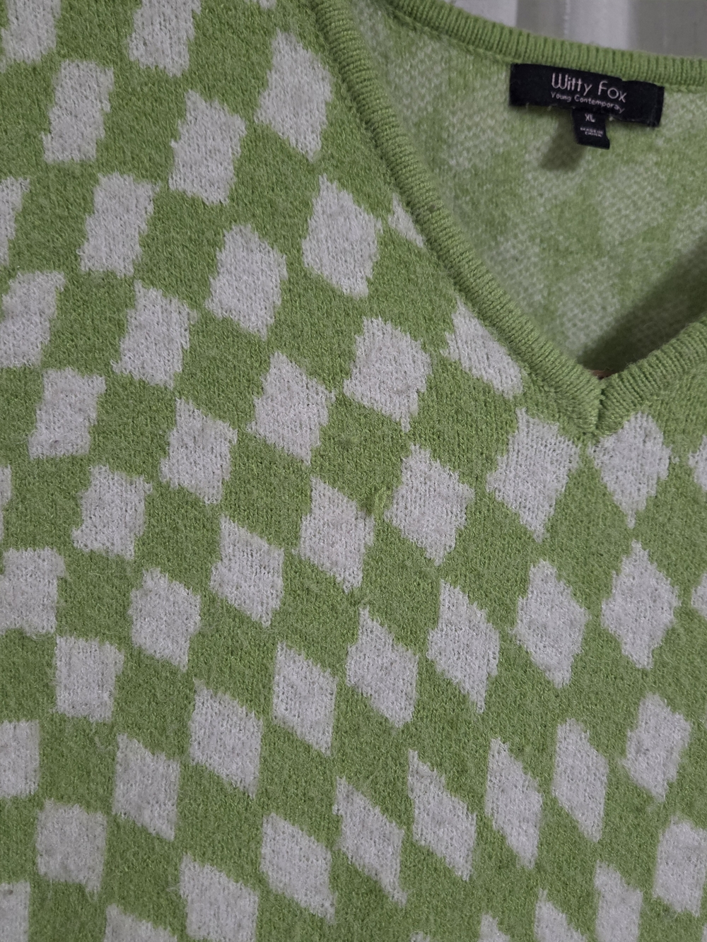 Witty Fox Lime Green & White Checkerboard V-Neck Sweater - Picture 5 of 6